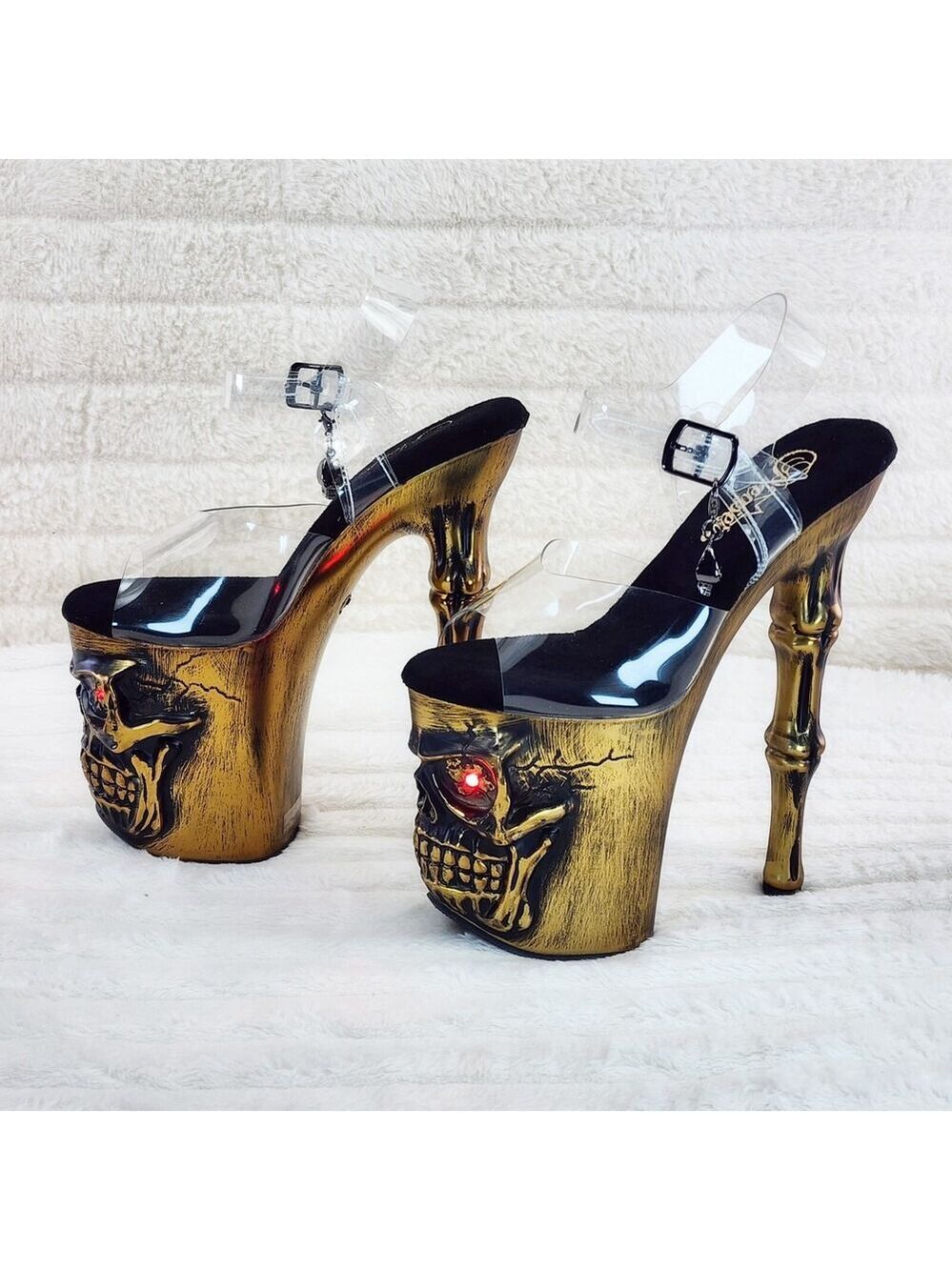 NIB Rapture Clear Upper Gold Brass Skull & Bones 8" High Heel Platform Shoes